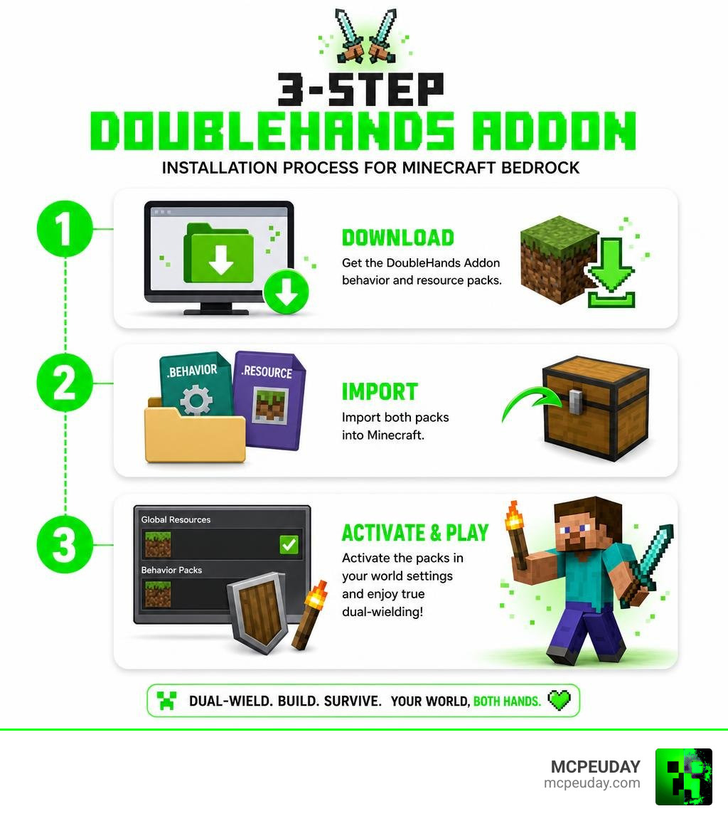 Infographic: 3-step DoubleHands Addon installation process for Minecraft Bedrock infographic