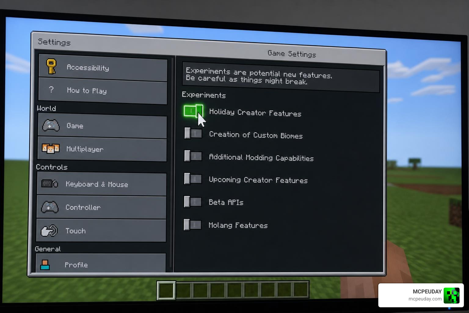 Minecraft Bedrock settings menu showing where to toggle experiments