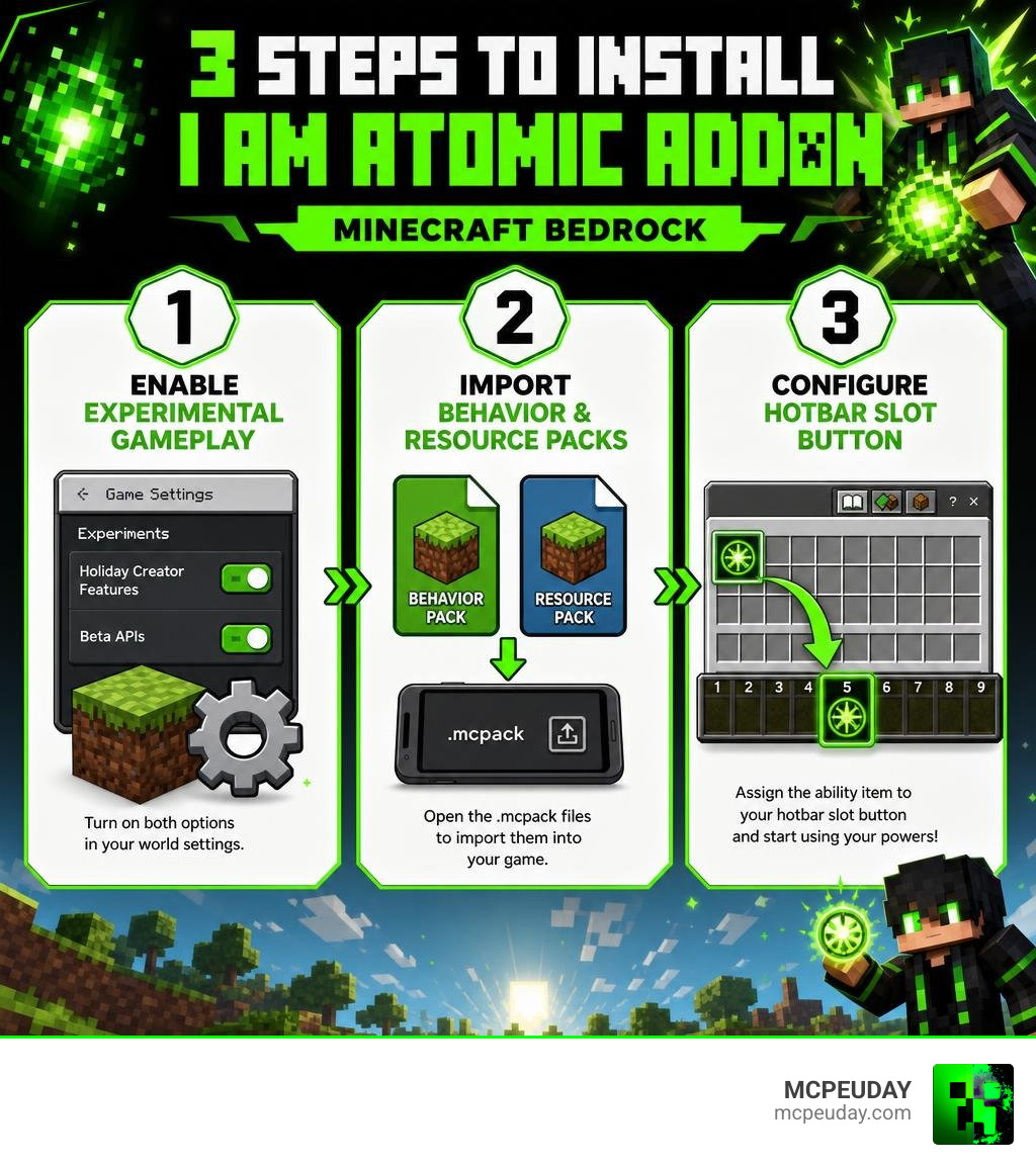 3-step infographic showing how to install the I Am Atomic Addon in Minecraft Bedrock infographic
