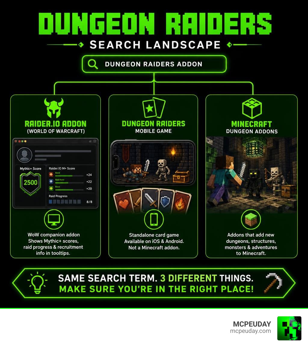 Dungeon Raiders Addon search landscape infographic showing WoW addon vs mobile game vs Minecraft addons infographic