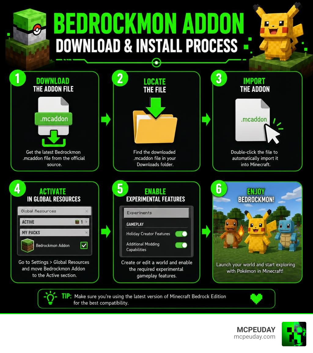 Bedrockmon Addon download and install process steps infographic infographic