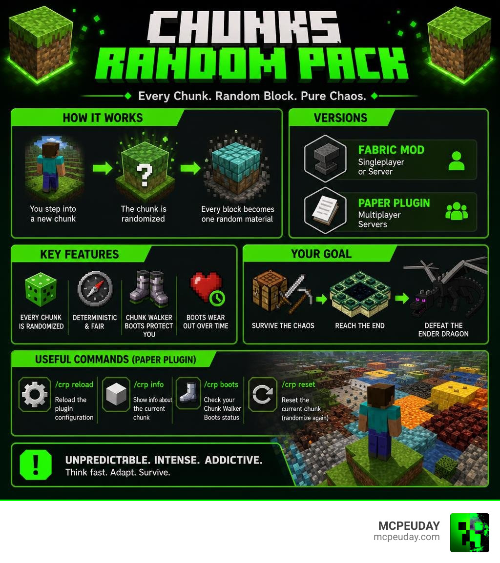 Infographic explaining Chunks Random pack mechanics, versions, commands, and key features infographic