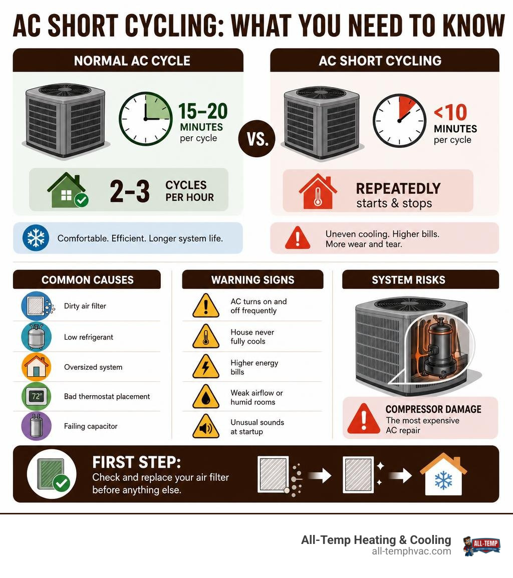 Detailed colorful infographic comparing normal AC cycles with AC short cycling causes, warning signs, and system risks