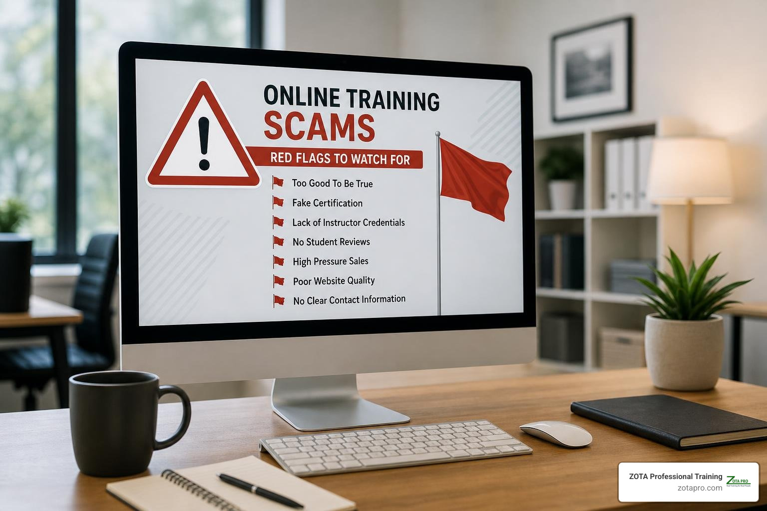 Computer screen warning sign displaying red flags of online training scams