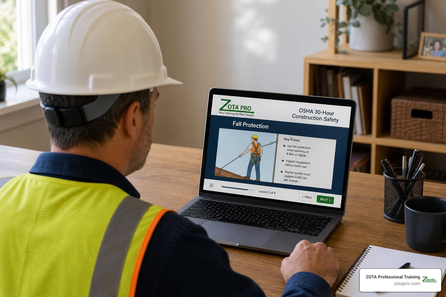 Laptop showing online safety training modules for OSHA 30 course