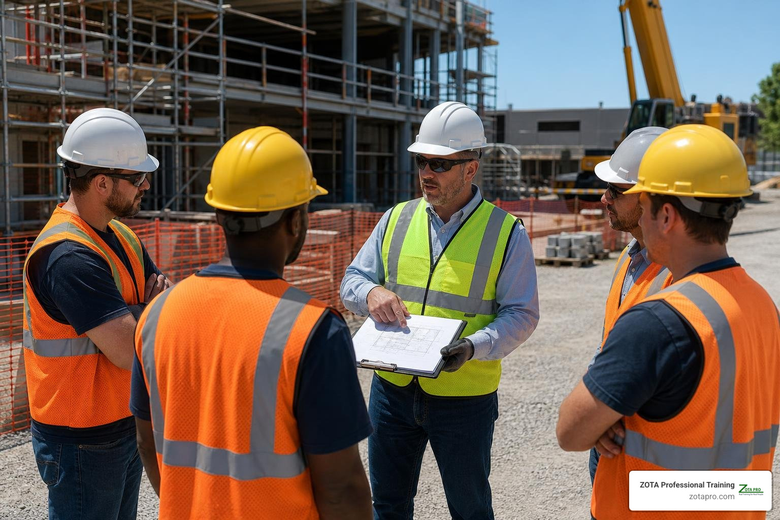 Safety manager leading a toolbox talk on a construction site