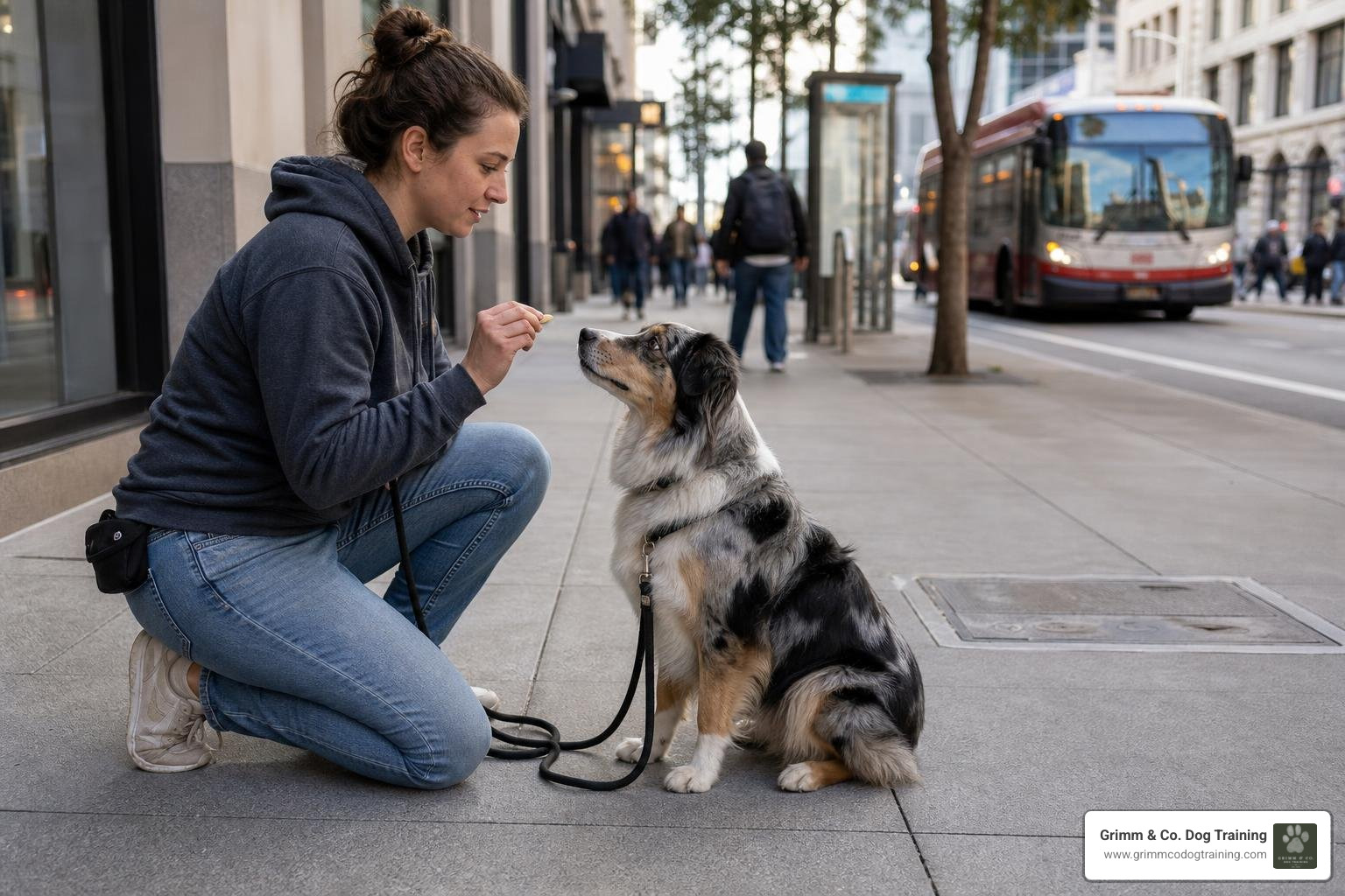 Dog receiving high-value treats on a busy San Francisco sidewalk
