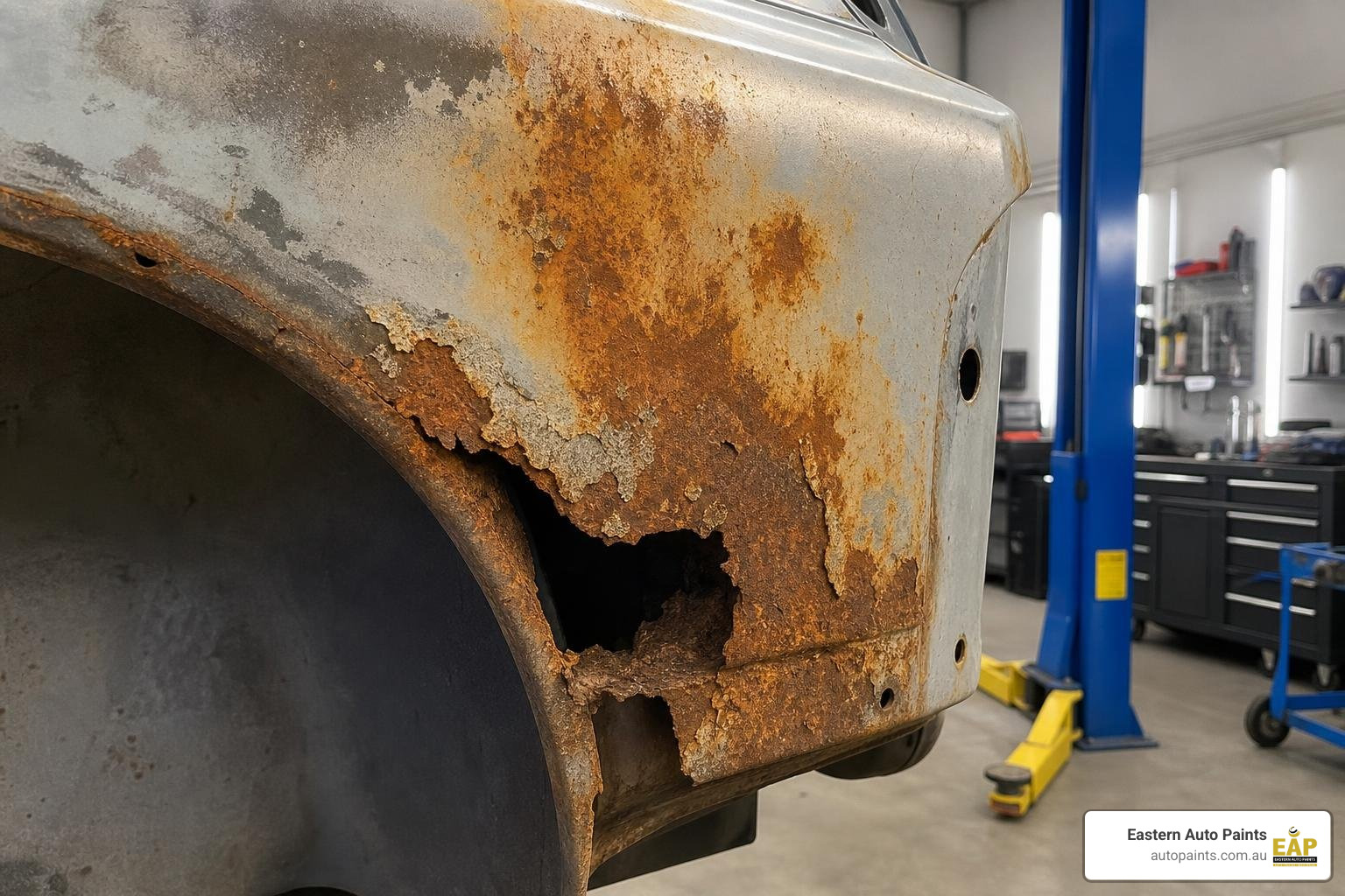 rusted automotive panel close-up in professional workshop setting rusted automotive panel close-up in professional workshop setting