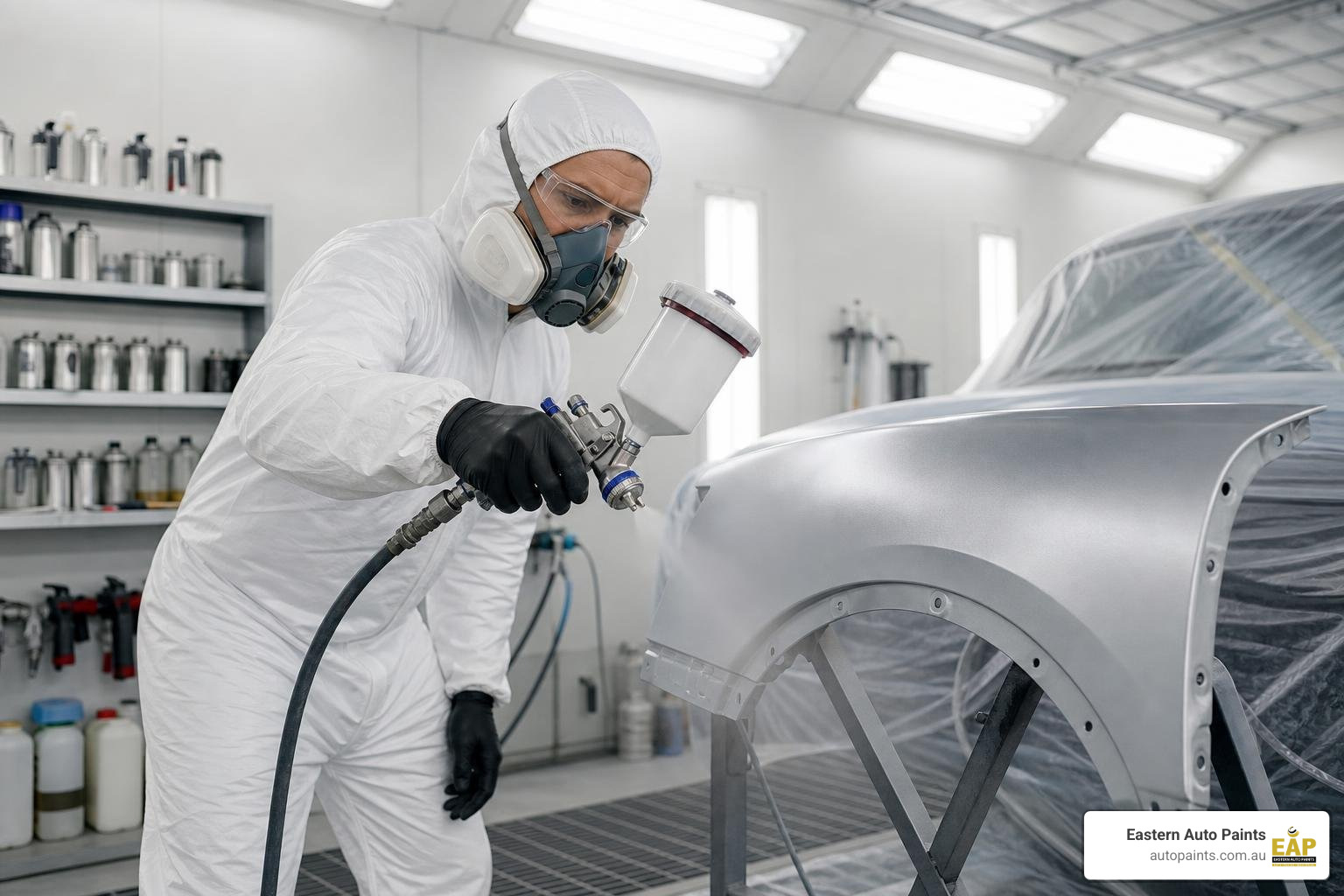 Professional spray painting setup in a modern Melbourne workshop