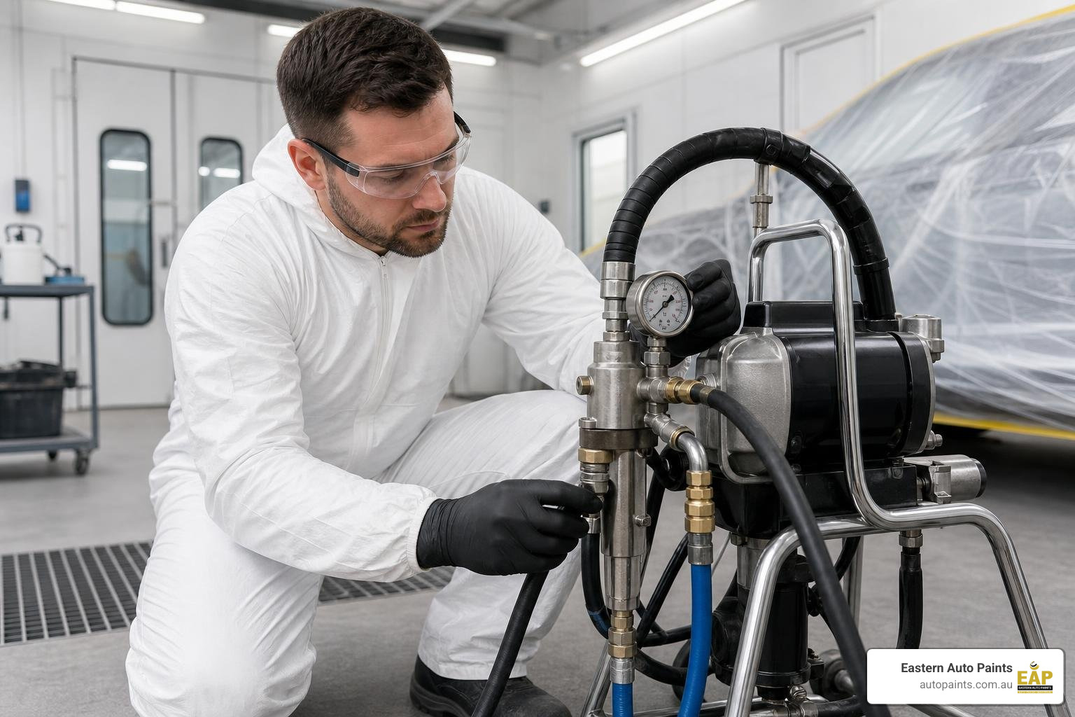 A technician inspecting high-pressure fluid lines, connections, and pressure gauges before spraying