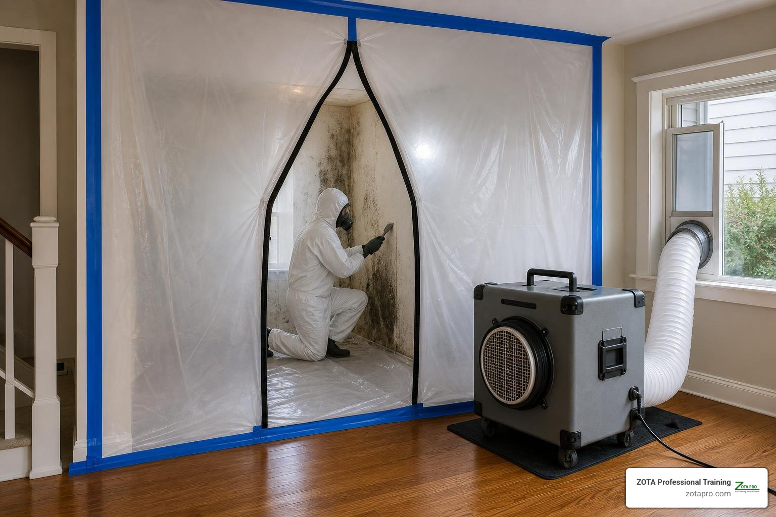 Mold remediation containment zone with negative air pressure Mold remediation containment zone with negative air pressure