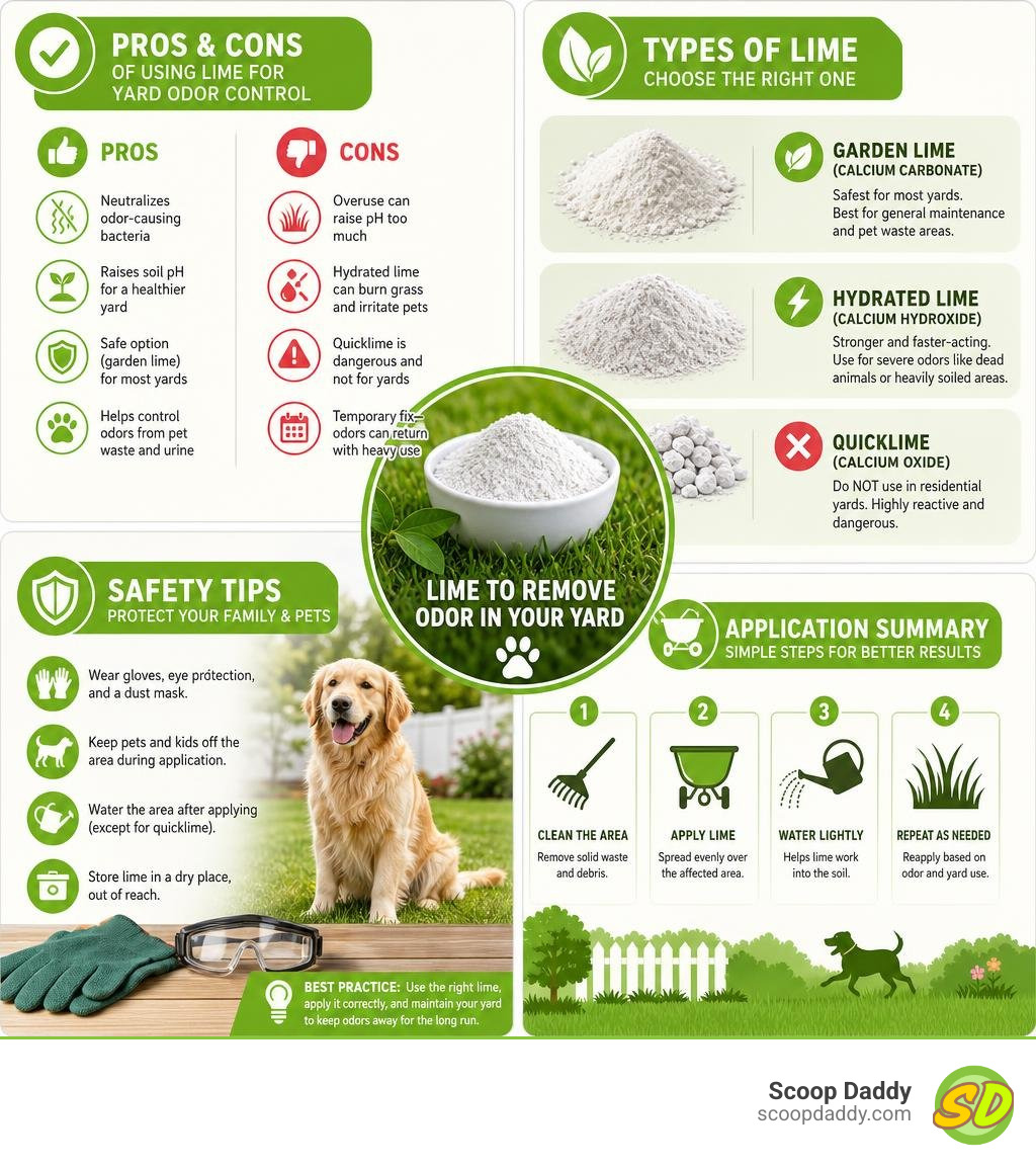 Pros and cons of using lime for yard odor control, types of lime, safety tips, and application summary infographic Pros and cons of using lime for yard odor control, types of lime, safety tips, and application summary infographic