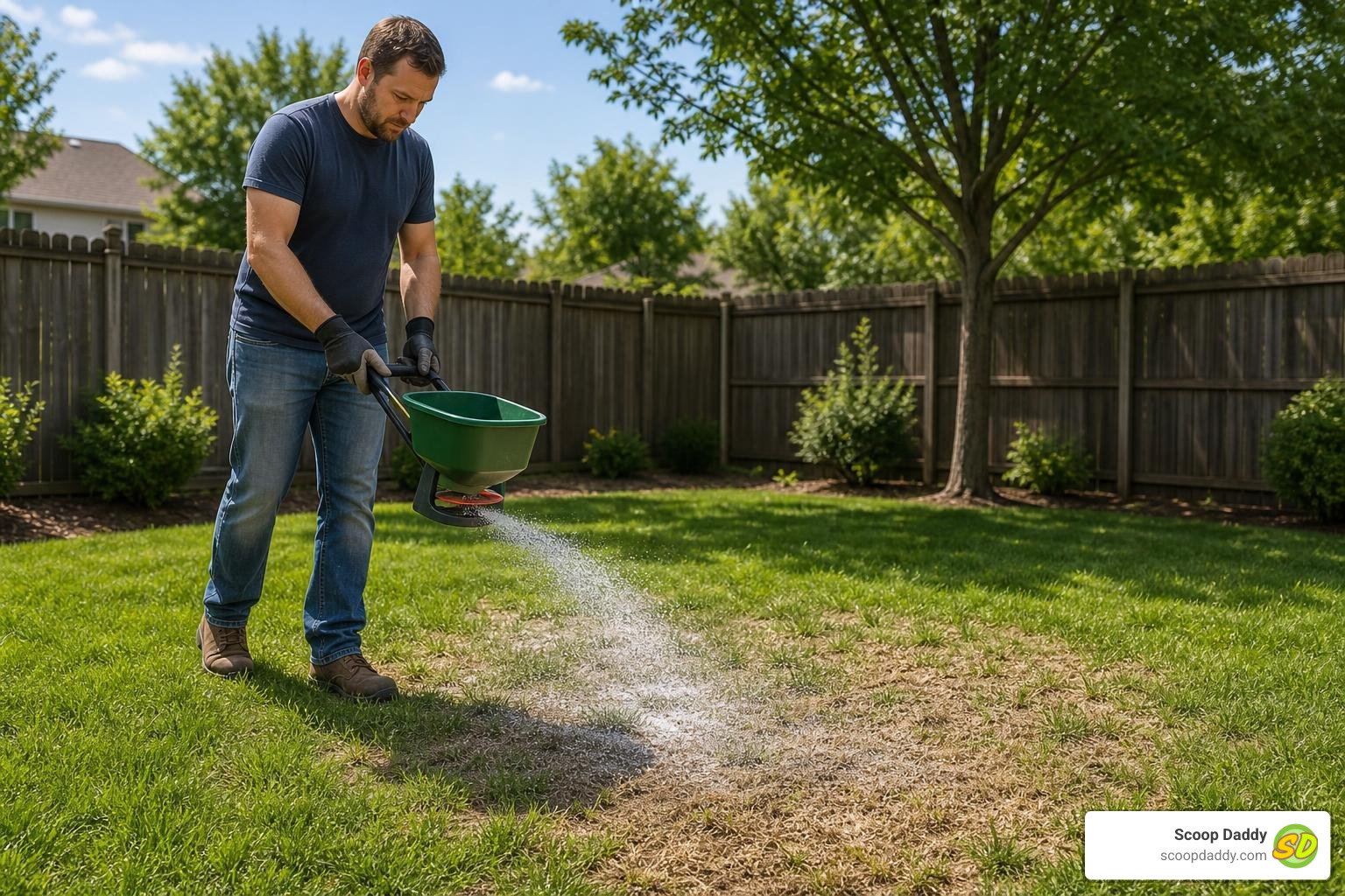 Homeowner applying lime treatment to a smelly lawn spot Homeowner applying lime treatment to a smelly lawn spot
