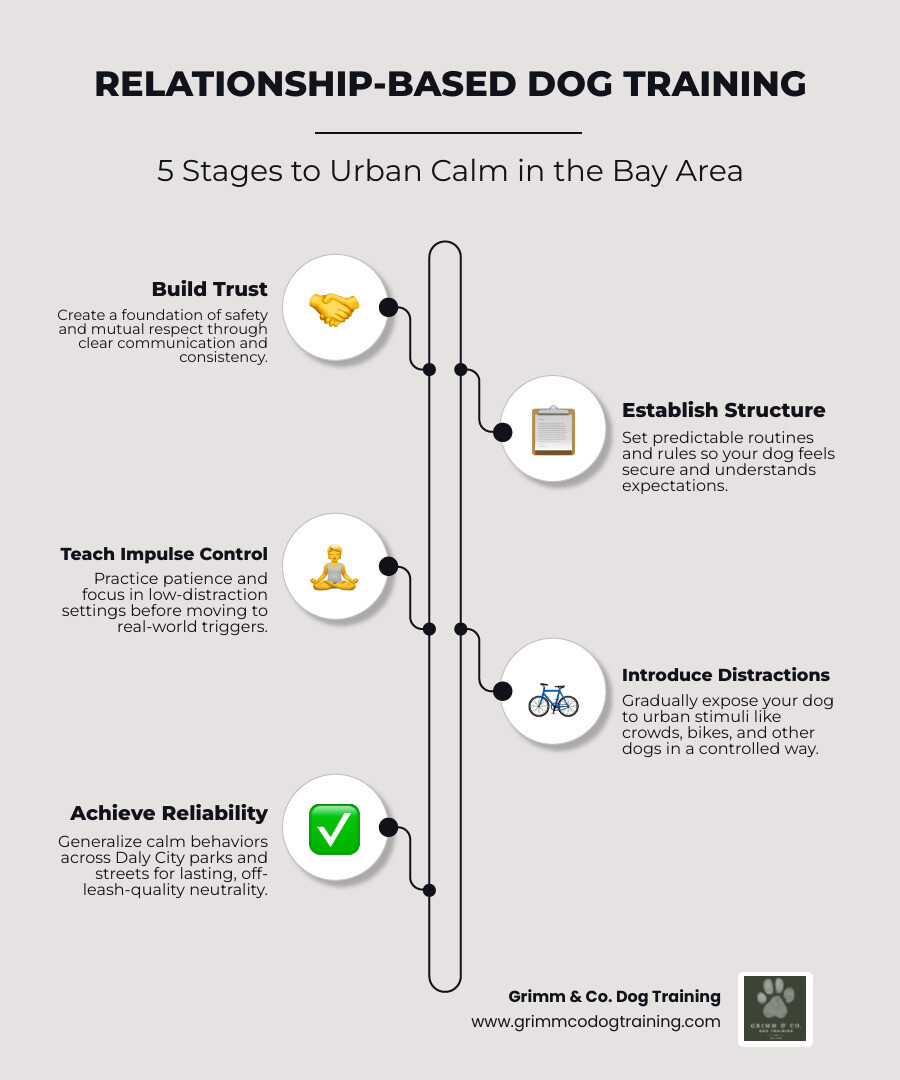 Stages of relationship-based dog training for Bay Area urban dog owners infographic Stages of relationship-based dog training for Bay Area urban dog owners infographic