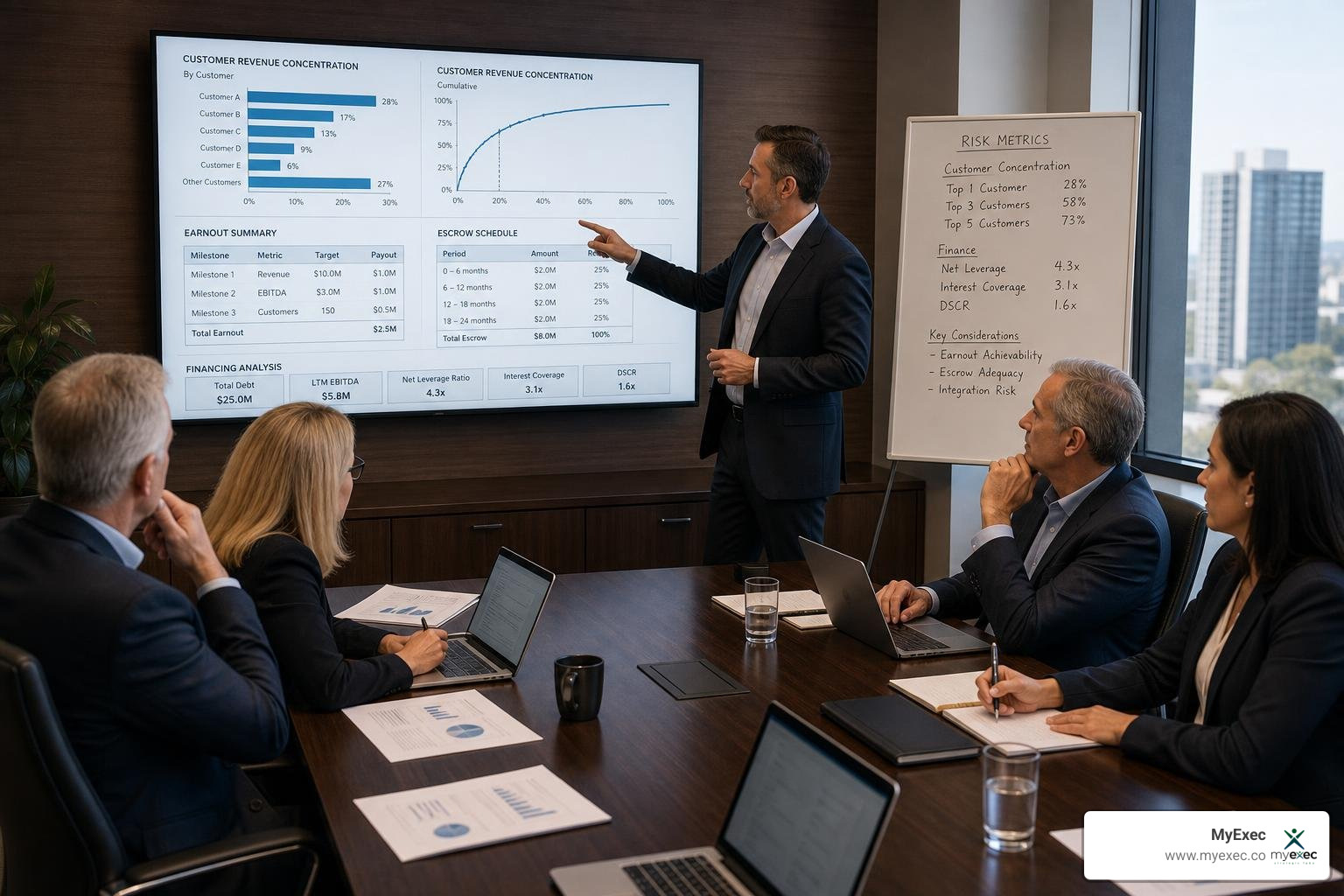 Executives reviewing customer concentration risk, deal structure, and acquisition financing analysis