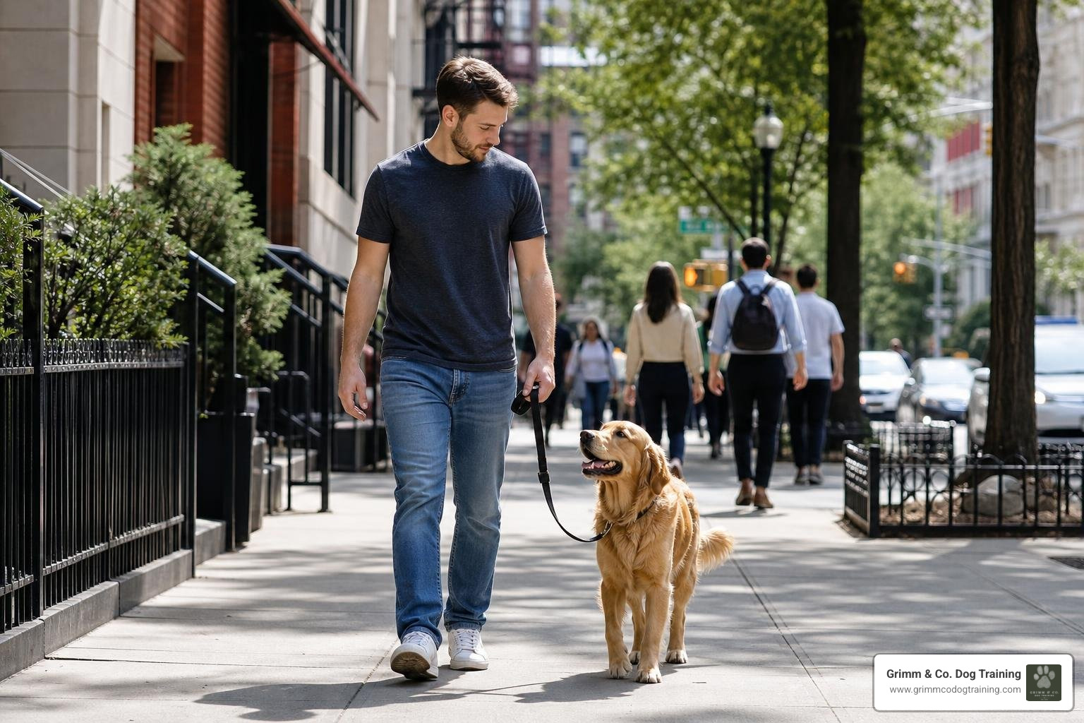 dog walking calmly on a leash in a busy urban area dog walking calmly on a leash in a busy urban area