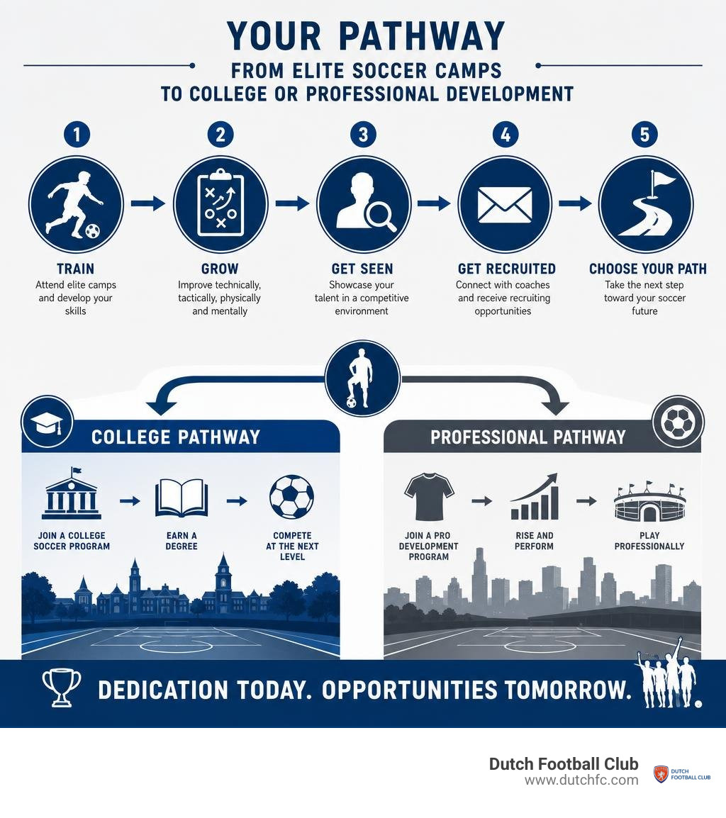 Pathway from elite soccer camps to college or professional soccer development infographic Pathway from elite soccer camps to college or professional soccer development infographic