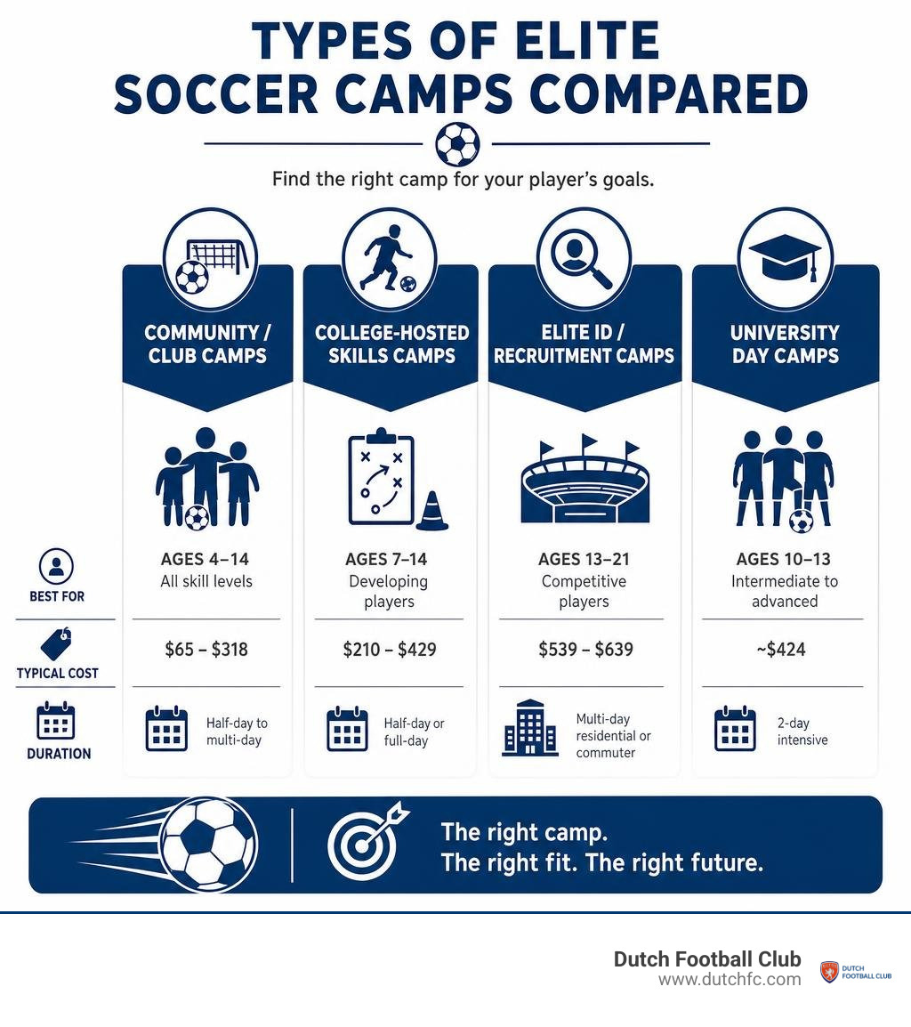 Types of elite soccer camps compared: community, skills, ID, and university day camps infographic Types of elite soccer camps compared: community, skills, ID, and university day camps infographic