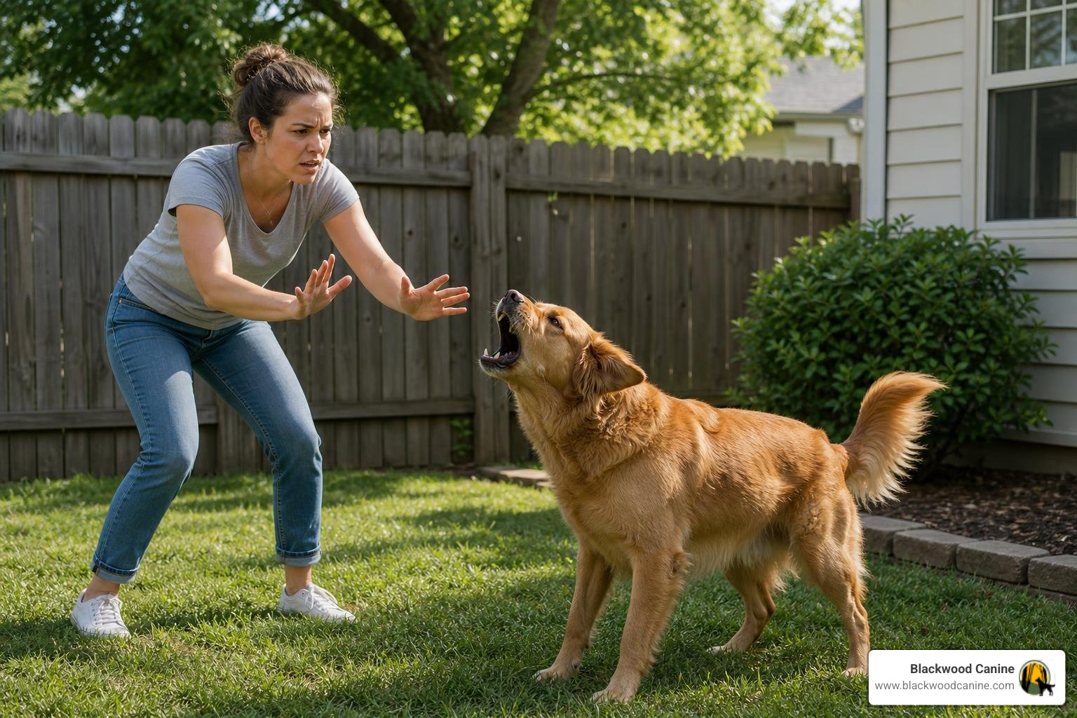 frustrated dog owner trying to stop a dog from barking frustrated dog owner trying to stop a dog from barking