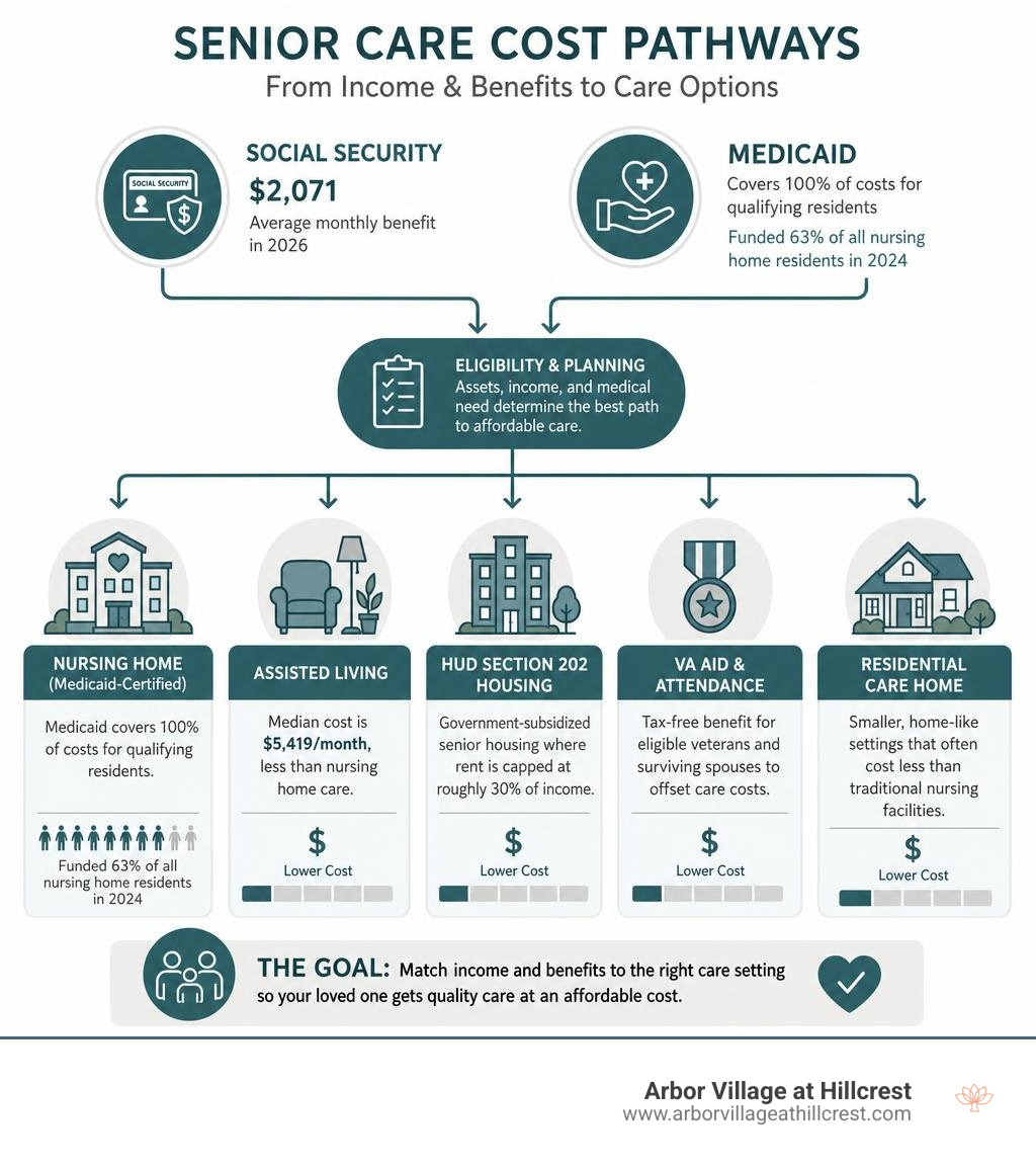 Infographic showing senior care cost pathways from Social Security and Medicaid to nursing homes and assisted living