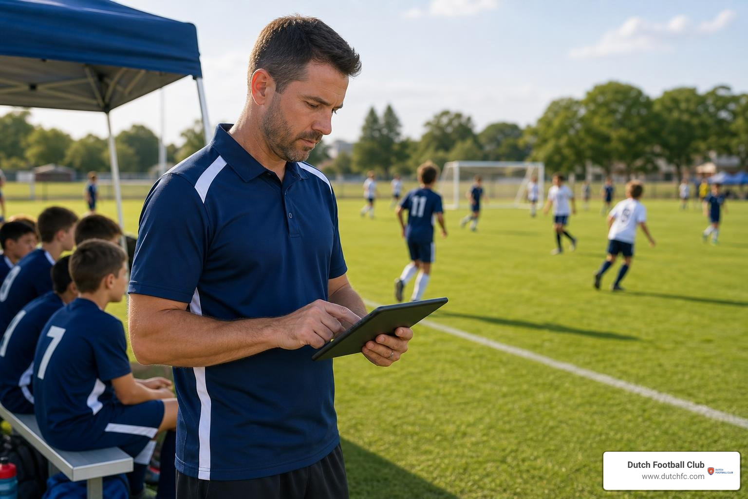Coach using a tablet on the sideline to track playing time Coach using a tablet on the sideline to track playing time