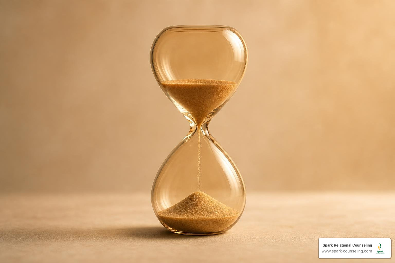 Minimalistic amber-toned hourglass with sand flowing slowly representing present-moment awareness