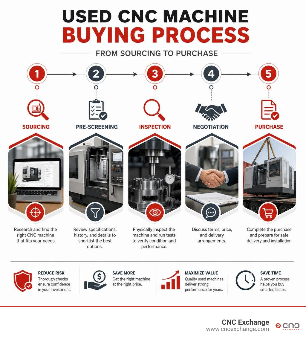 infographic showing the used CNC machine buying process from sourcing to inspection to purchase infographic