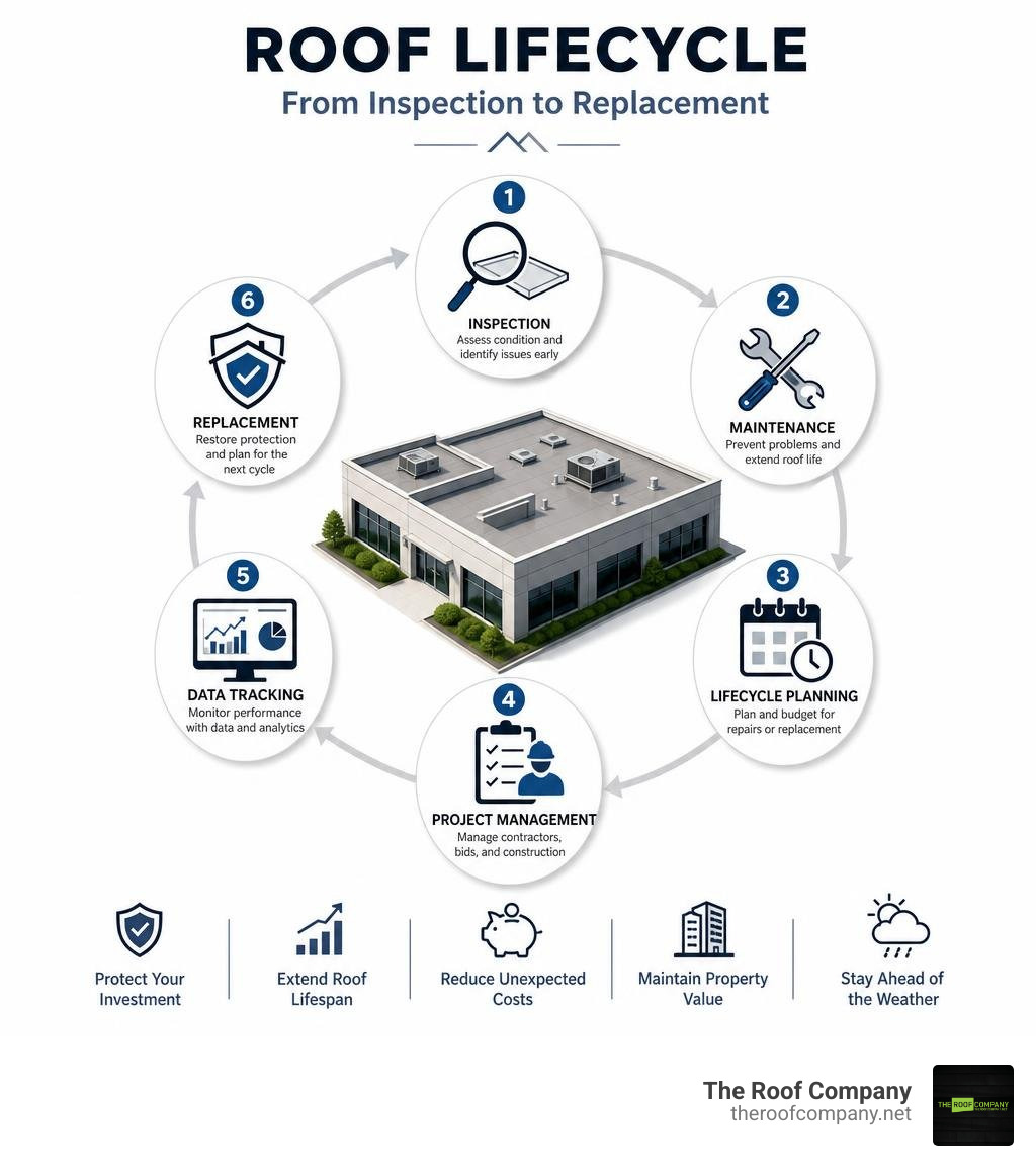 Roof lifecycle infographic from inspection to replacement with key management stages infographic