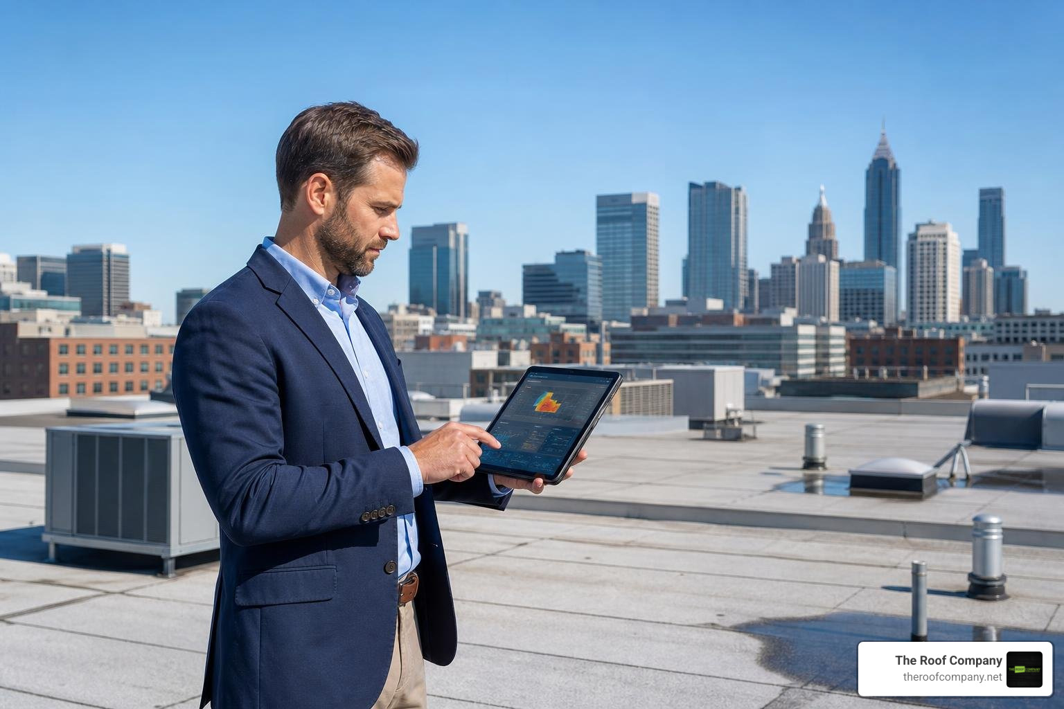 A property manager using a digital tablet on-site to view real-time roof degradation data
