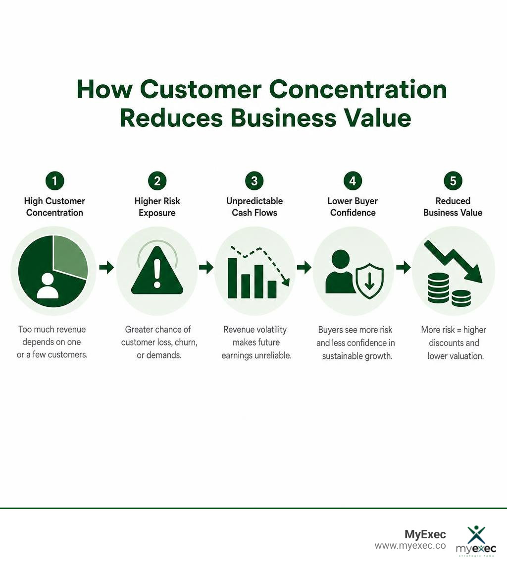 Single-row infographic showing how customer concentration reduces business value with tighter spacing above the MyExec