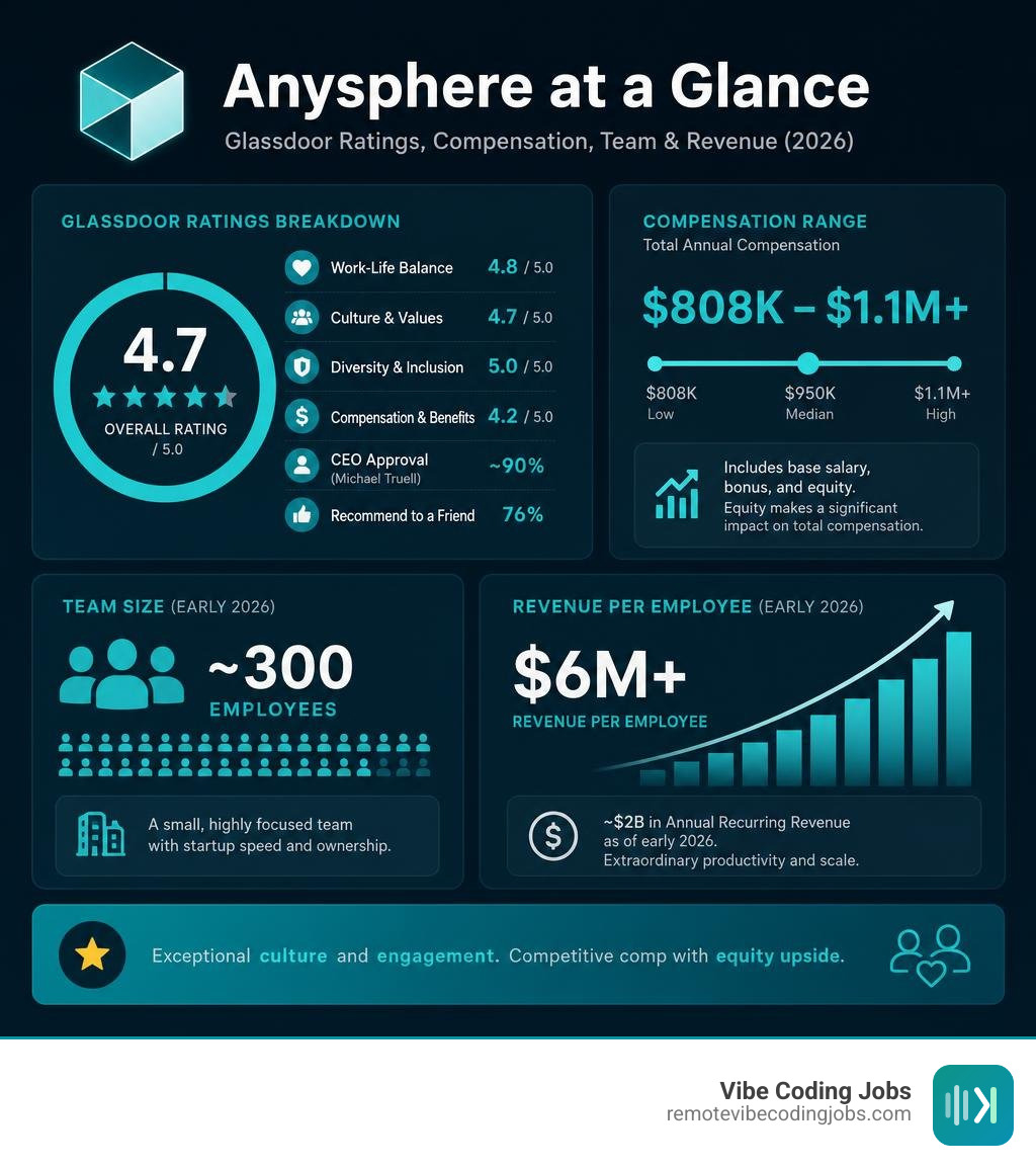 Cursor AI Glassdoor ratings breakdown, compensation range, team size, and revenue per employee 2026 infographic