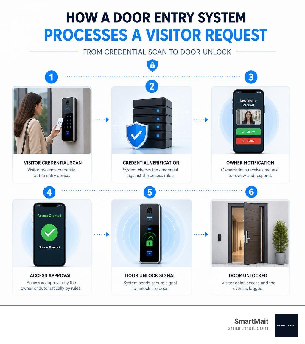 How a door entry system processes a visitor request — from credential scan to door unlock infographic