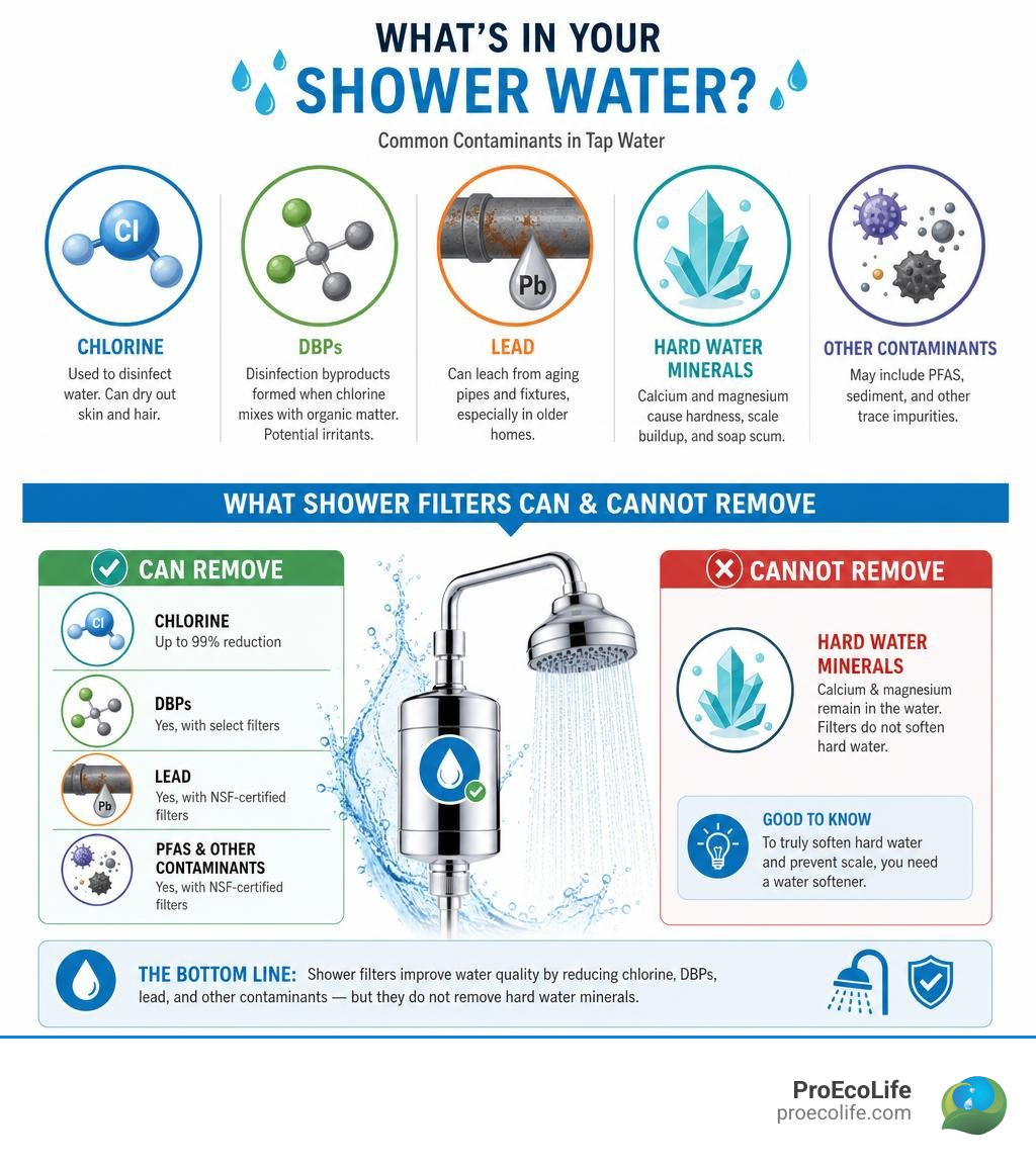 Shower water contaminants infographic: chlorine, DBPs, lead, hard water minerals, and what shower filters can and cannot Shower water contaminants infographic: chlorine, DBPs, lead, hard water minerals, and what shower filters can and cannot