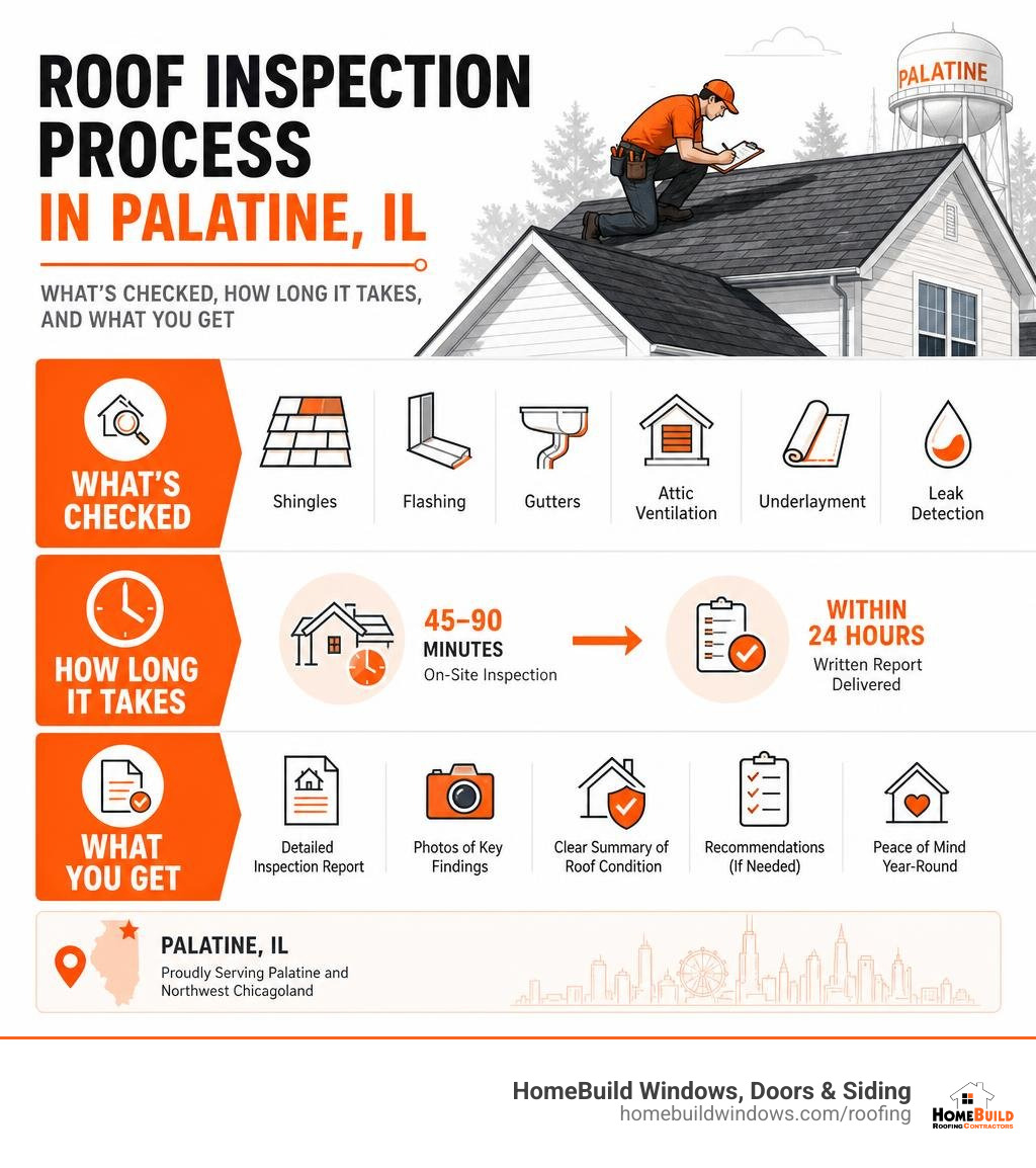 Roof inspection process in Palatine IL — what's checked, how long it takes, and what you get infographic