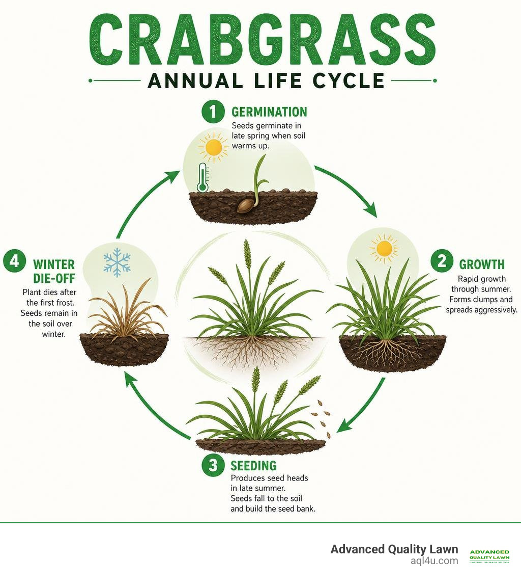 crabgrass annual life cycle infographic showing germination, growth, seeding, and winter die-off stages infographic