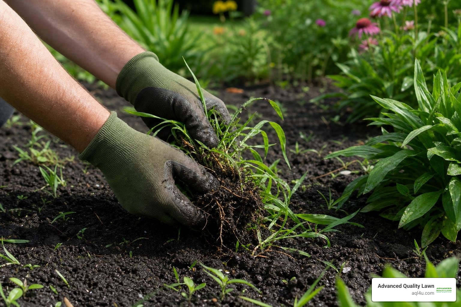 gardener hand pulling crabgrass from moist soil