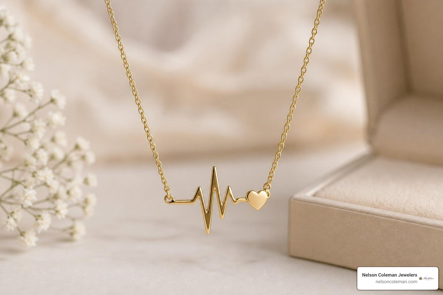A gold heartbeat charm necklace with a small heart accent A gold heartbeat charm necklace with a small heart accent