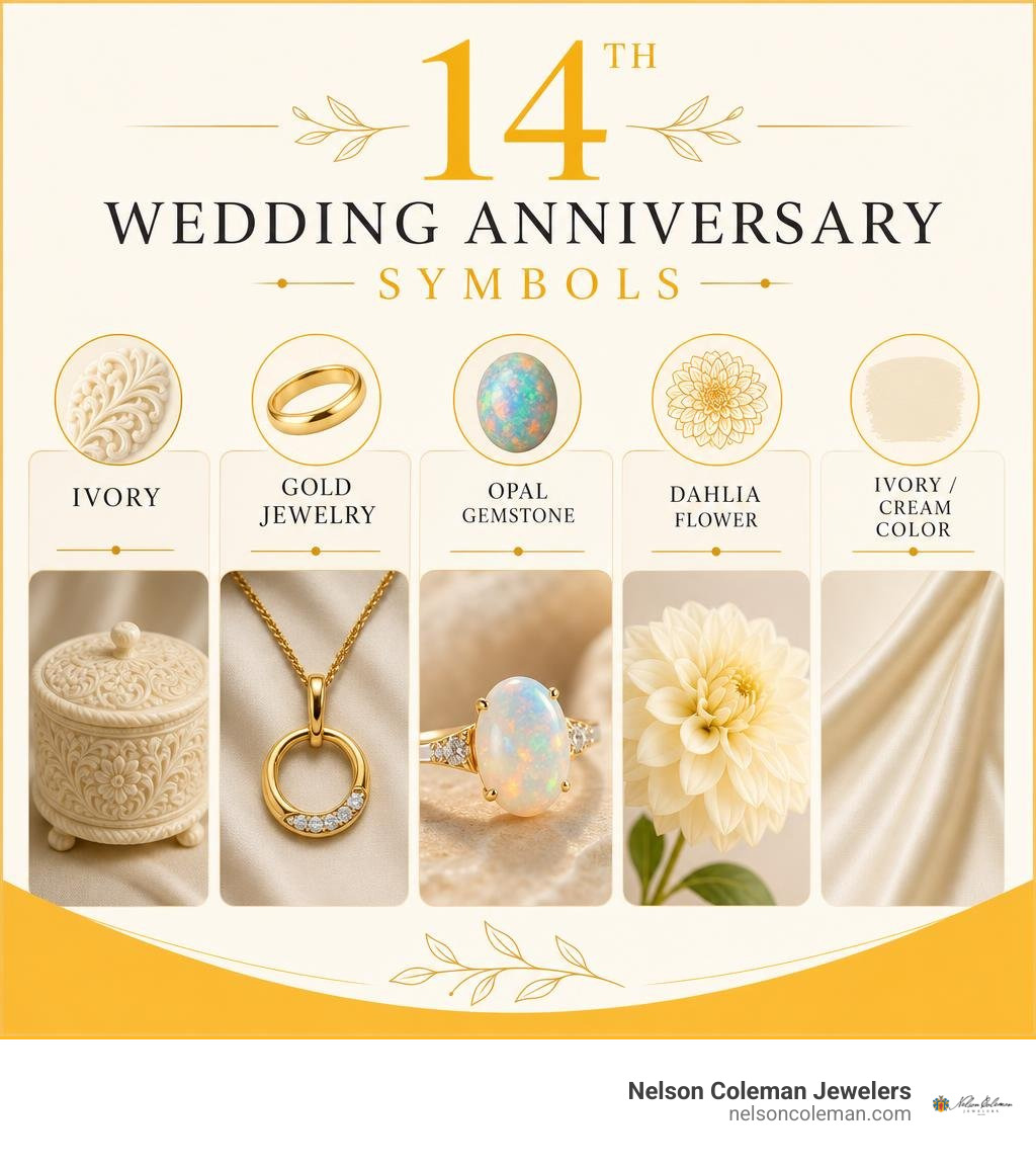 14th wedding anniversary symbols infographic: ivory, gold jewelry, opal gemstone, dahlia flower, ivory color infographic 14th wedding anniversary symbols infographic: ivory, gold jewelry, opal gemstone, dahlia flower, ivory color infographic