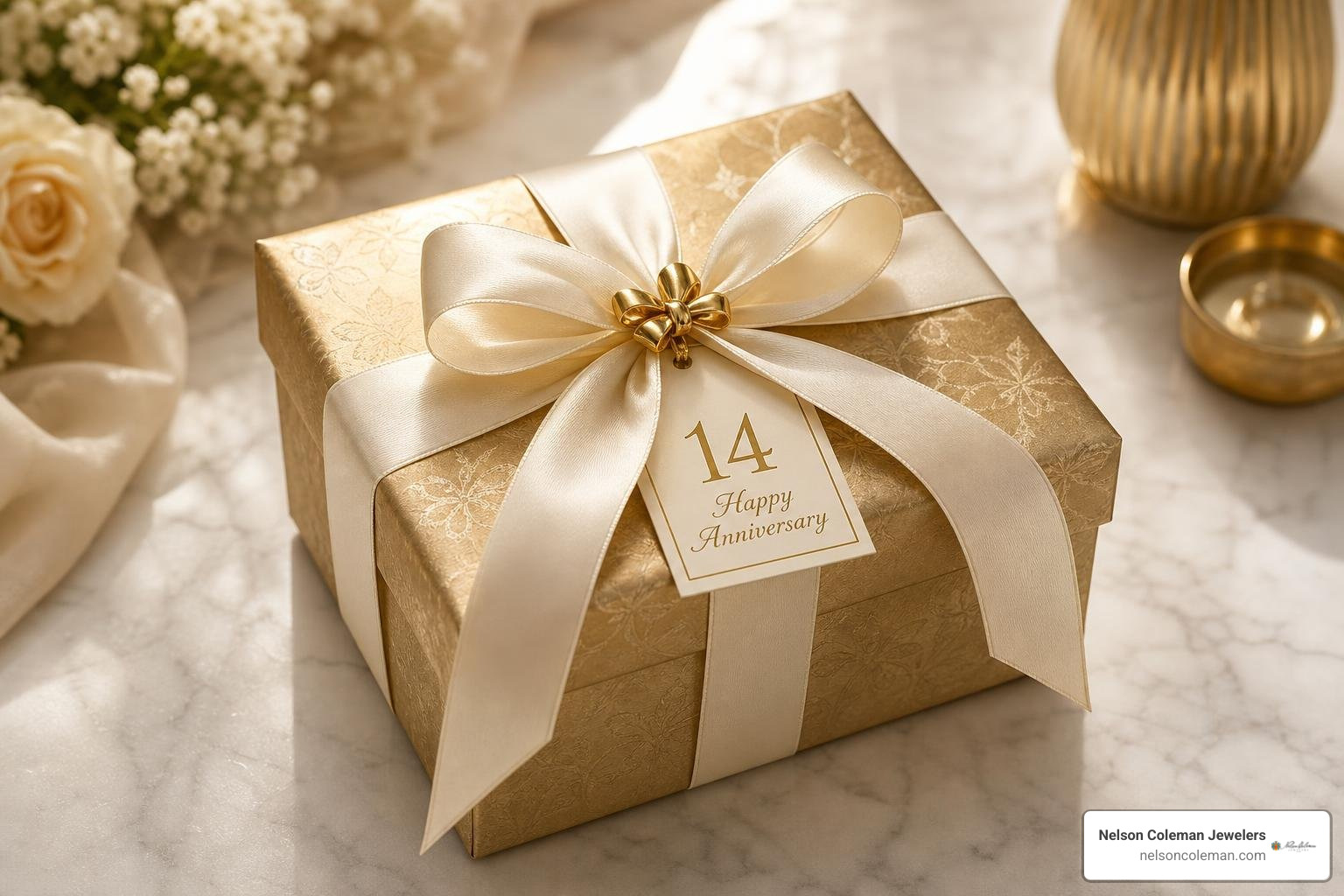 A beautifully wrapped 14th anniversary gift in gold and cream paper A beautifully wrapped 14th anniversary gift in gold and cream paper