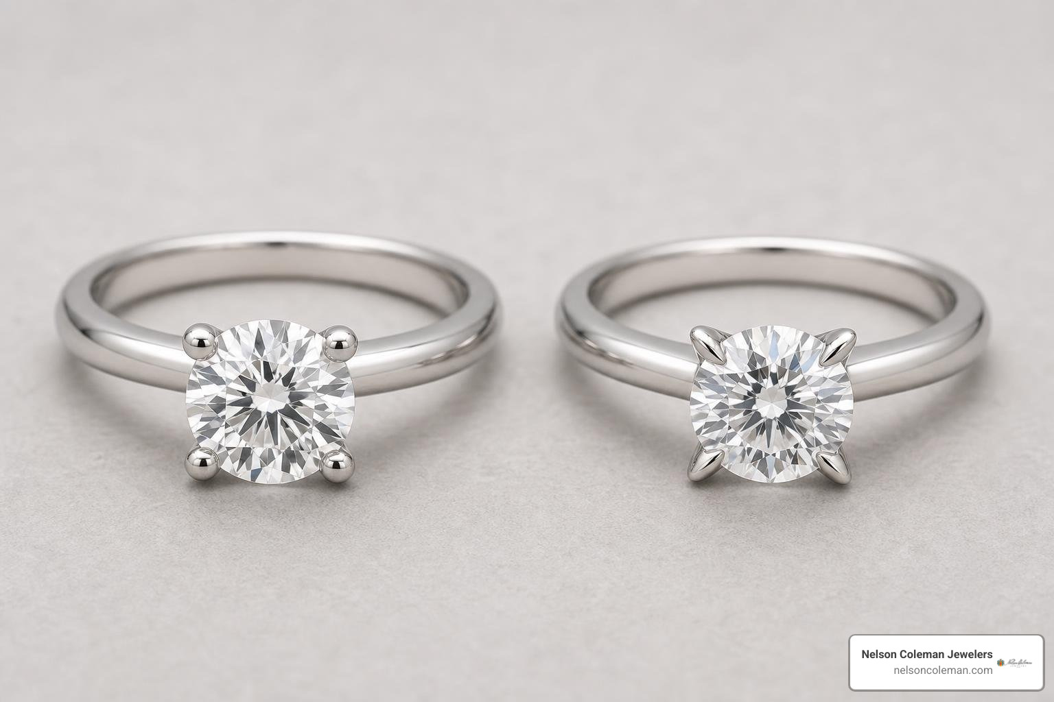 Comparison of claw prongs and round prongs on a diamond solitaire ring Comparison of claw prongs and round prongs on a diamond solitaire ring