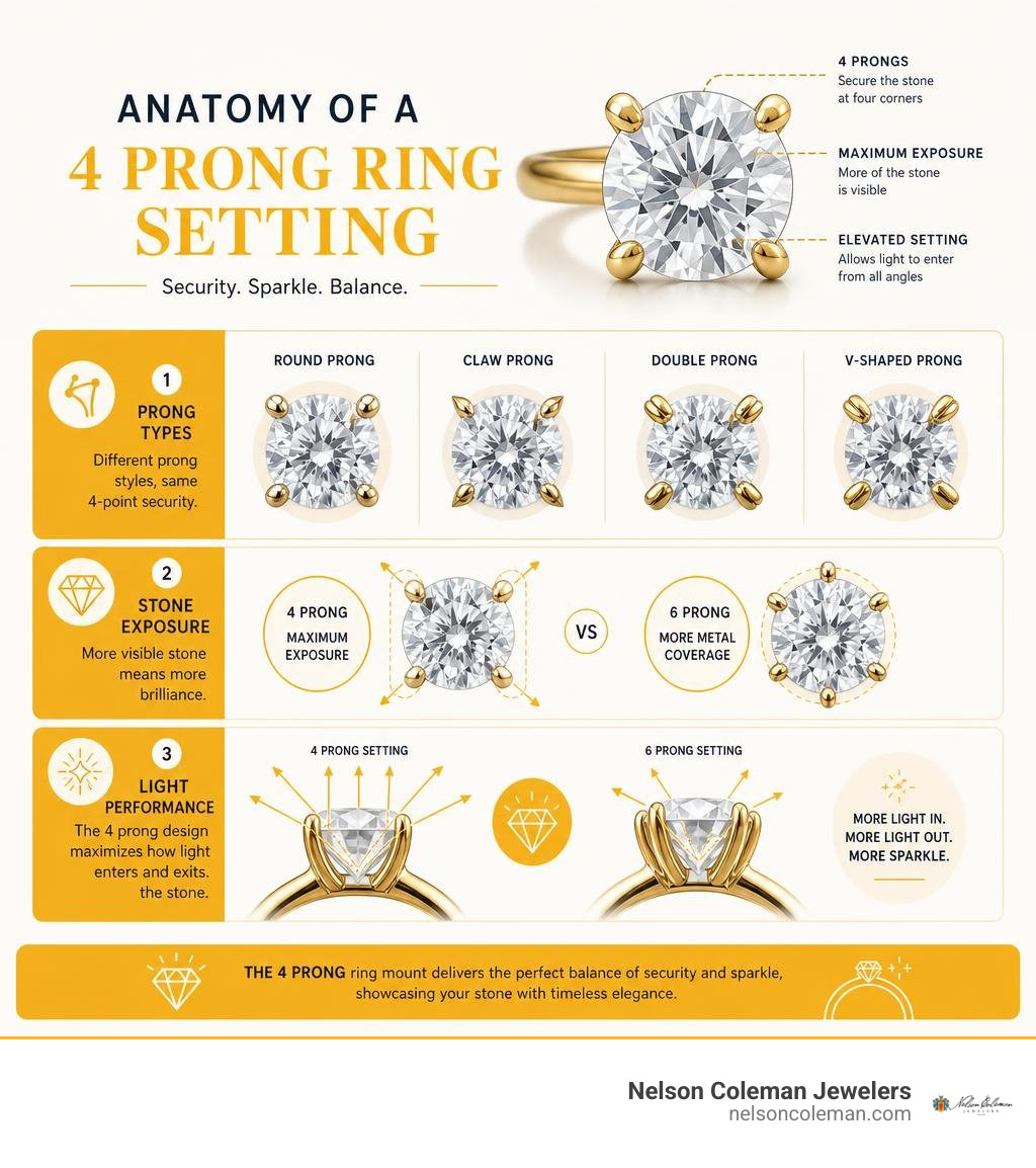 Anatomy of a 4 prong ring setting infographic showing prong types, stone exposure, and light performance infographic Anatomy of a 4 prong ring setting infographic showing prong types, stone exposure, and light performance infographic