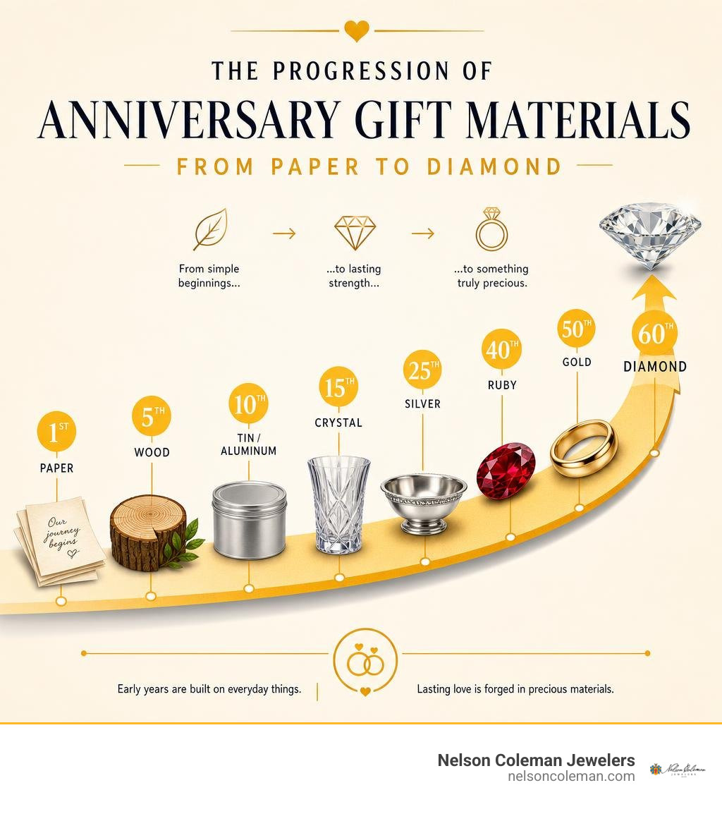 Progression of anniversary gift materials from paper to diamond by year infographic
