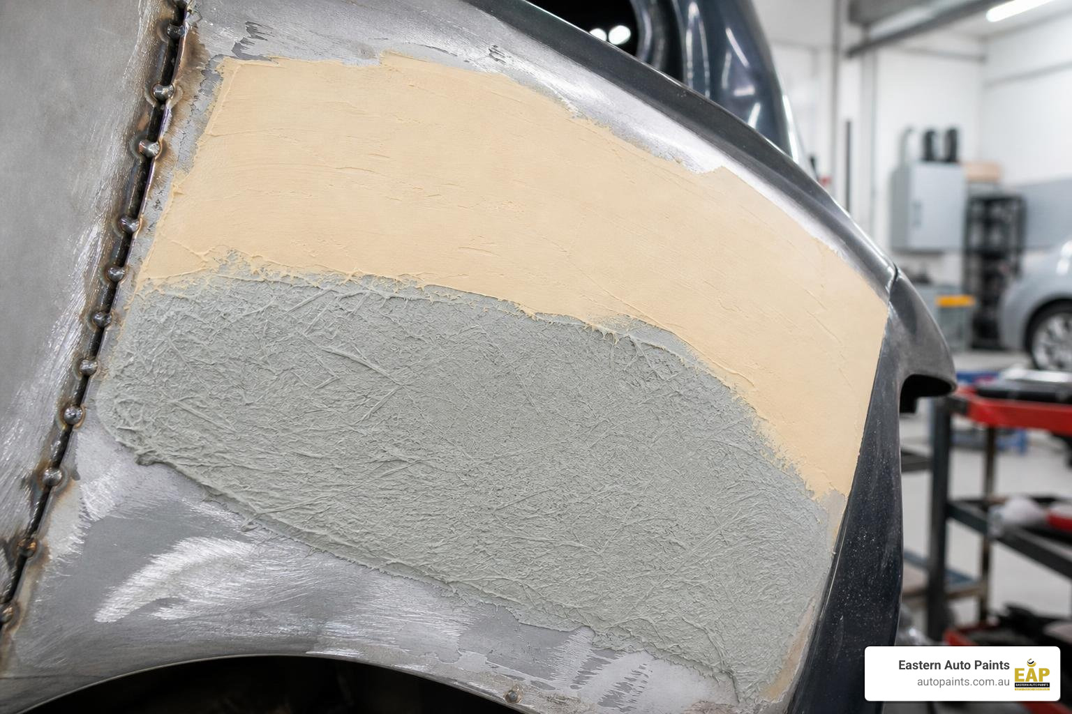 Multi-layer filler application on a welded panel showing glass fibre foundation and polyester finish