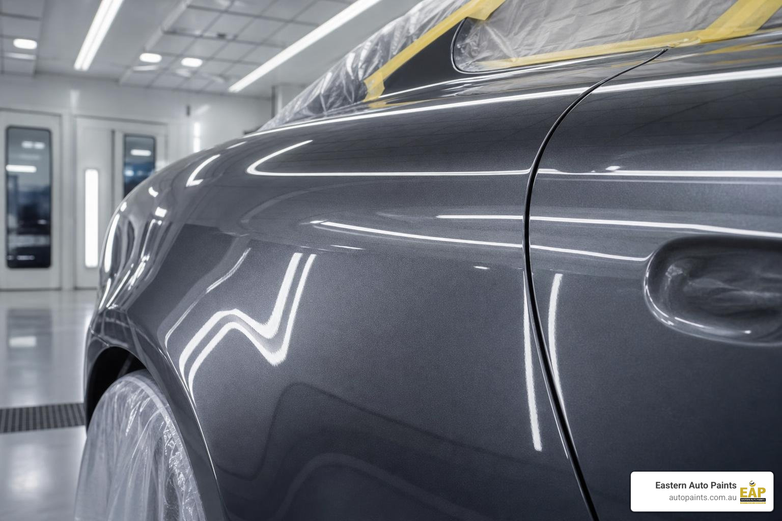 A close-up of a perfectly painted, high-gloss metallic grey car panel reflecting clean workshop lights