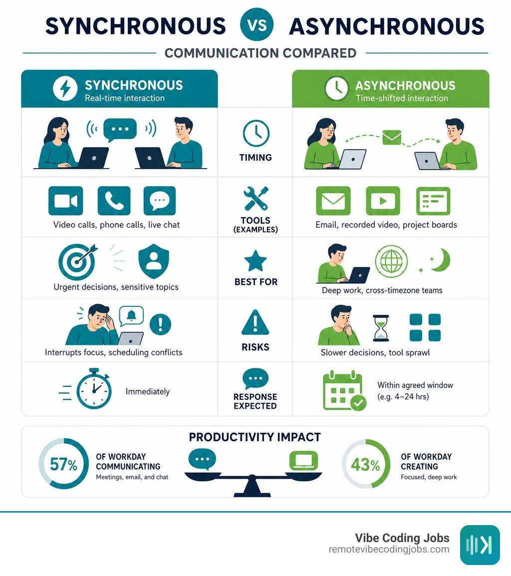 infographic comparing synchronous vs asynchronous communication timing, tools, and productivity impact infographic