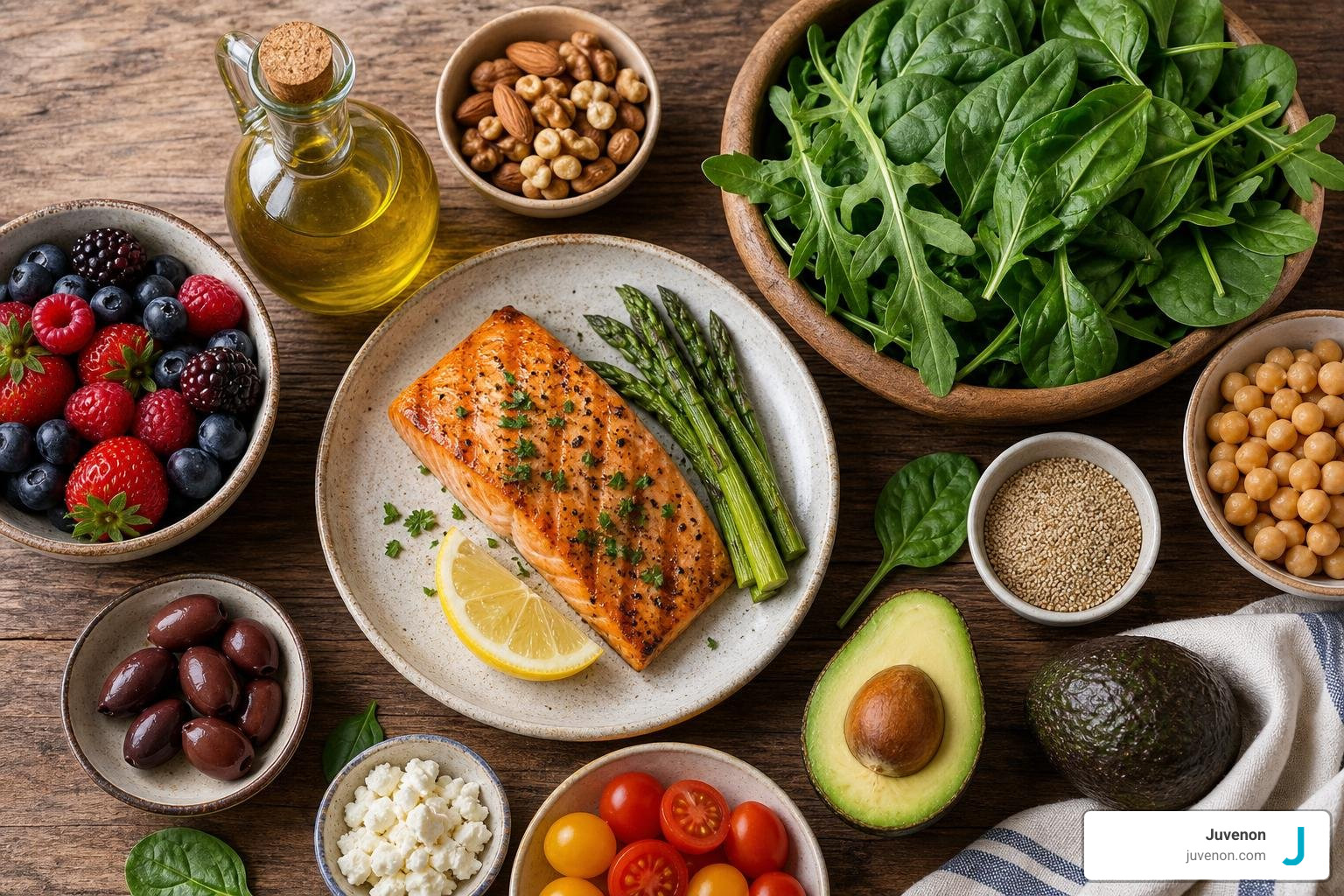 A vibrant spread of Mediterranean diet foods including olive oil, fish, berries, and leafy greens A vibrant spread of Mediterranean diet foods including olive oil, fish, berries, and leafy greens
