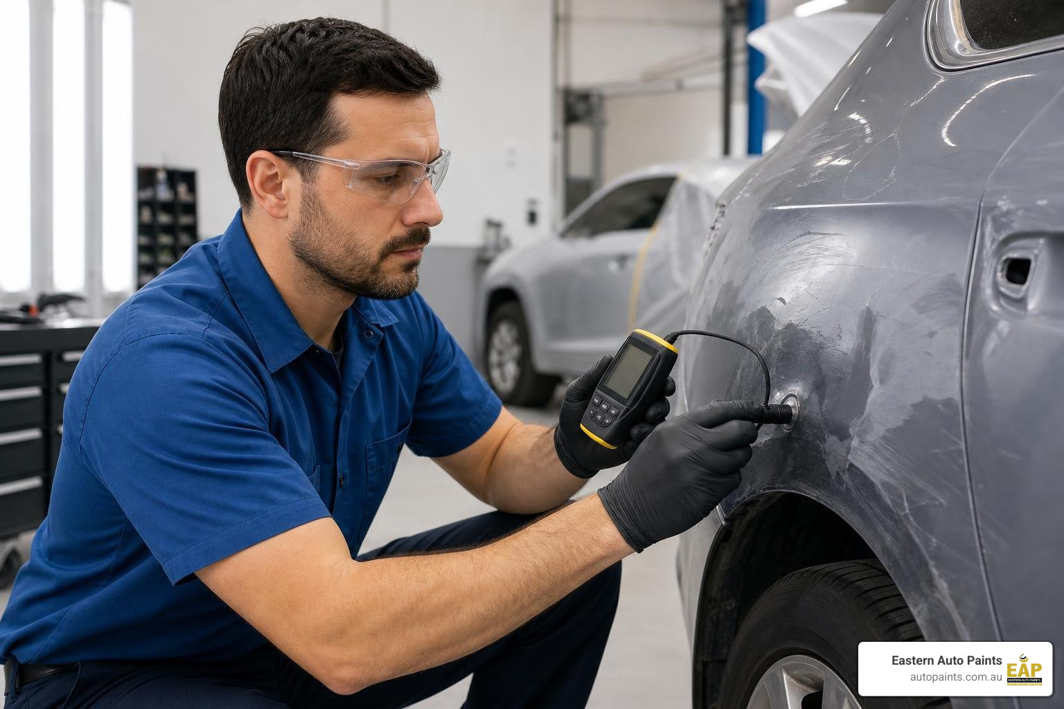 technician assessing vehicle panel damage in Melbourne workshop