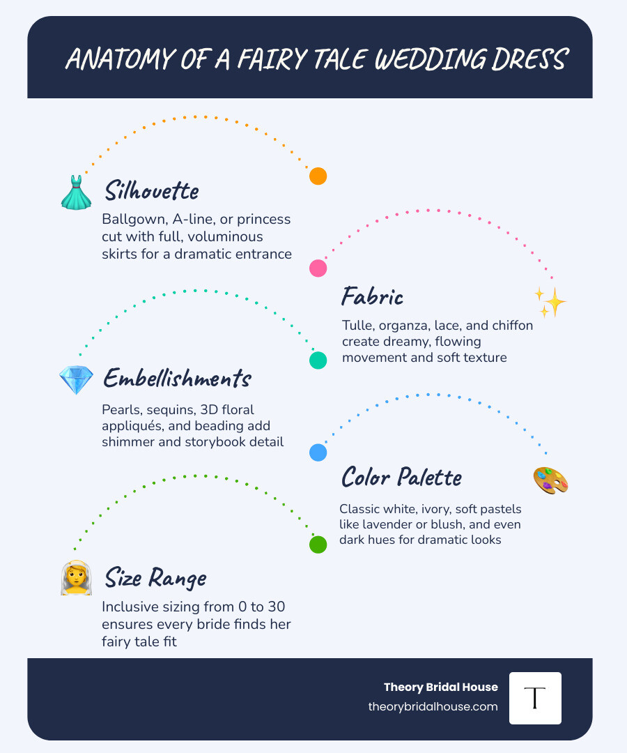 Anatomy of a fairy tale wedding dress: silhouettes, fabrics, embellishments, and sizing overview infographic