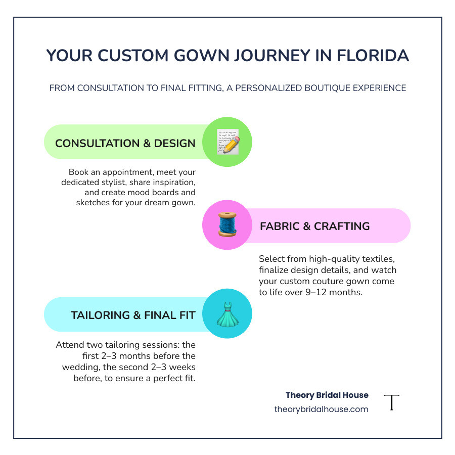 Custom gown timeline infographic from consultation to wedding day at a Florida personalized dress boutique infographic Custom gown timeline infographic from consultation to wedding day at a Florida personalized dress boutique infographic