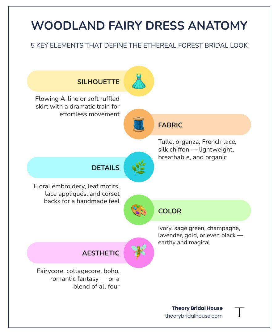 Infographic showing key elements of woodland fairy bridal style including fabrics, colors, silhouettes, and aesthetic Infographic showing key elements of woodland fairy bridal style including fabrics, colors, silhouettes, and aesthetic
